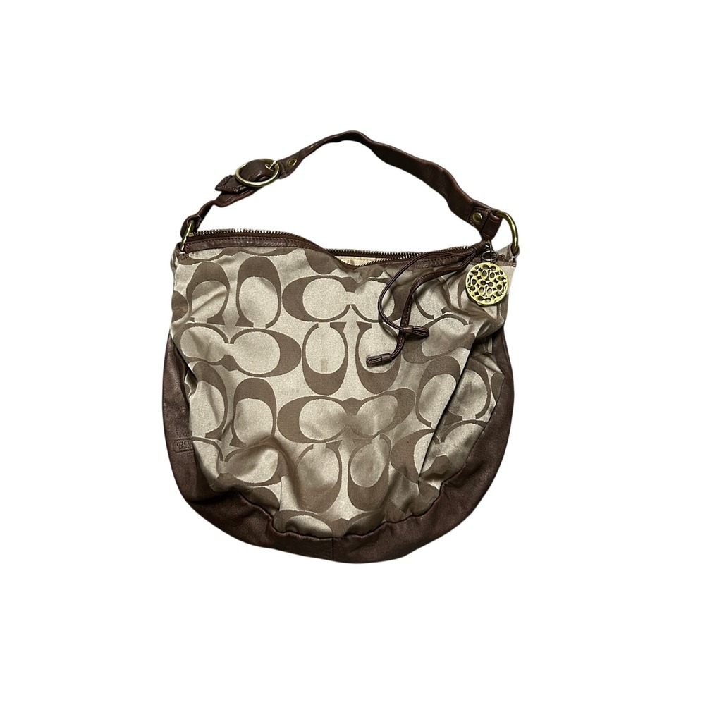 Coach Signature Jacquard Leather Hobo Shoulder Bag Brown Champagne Logo Charm